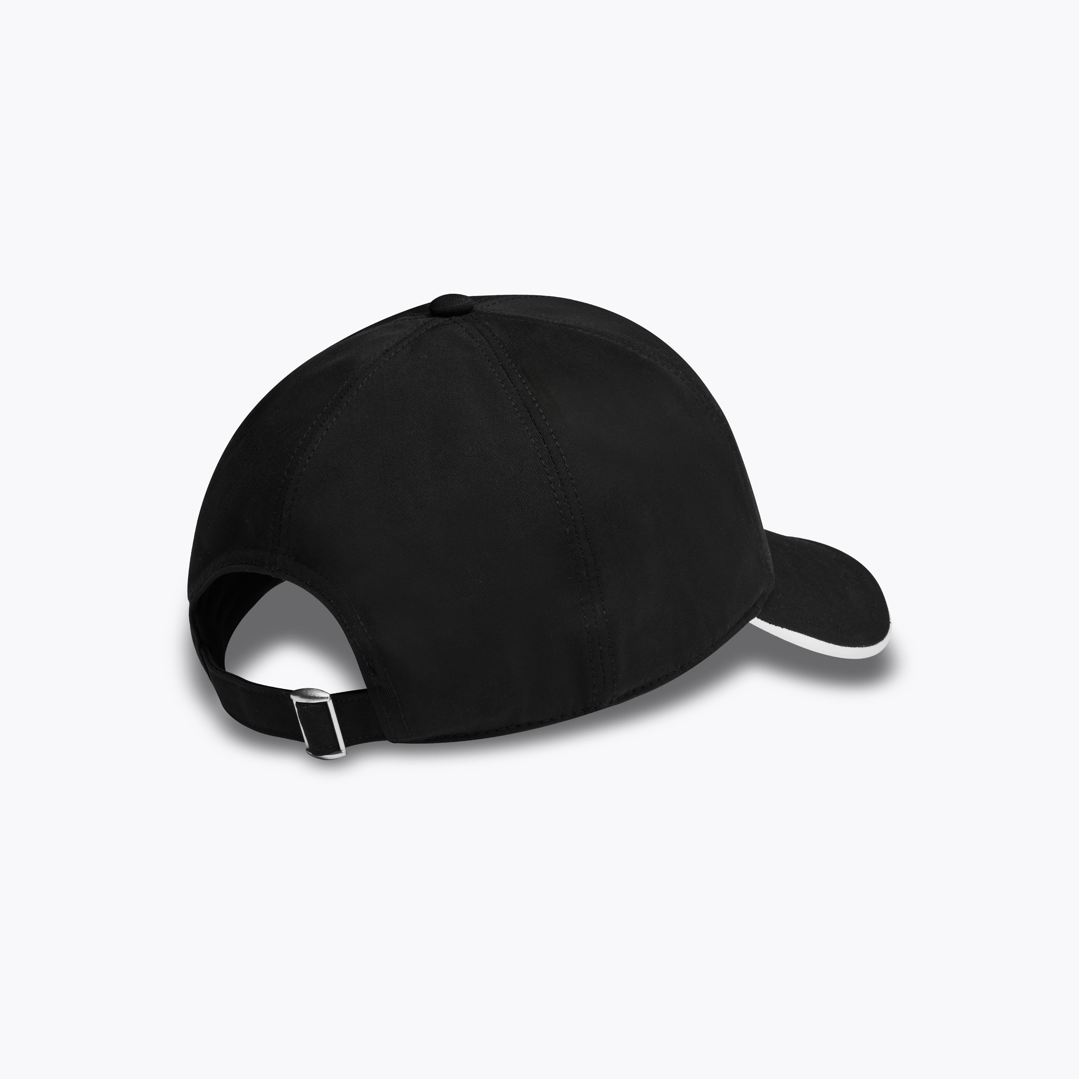 Black baseball cap with white trim on a white background